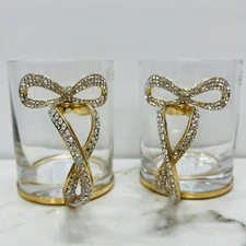 Christmas Glass Coffee Cup Tea Rhinestone Gold Bow Bar Set of 2 SHIPS PRIORITY
