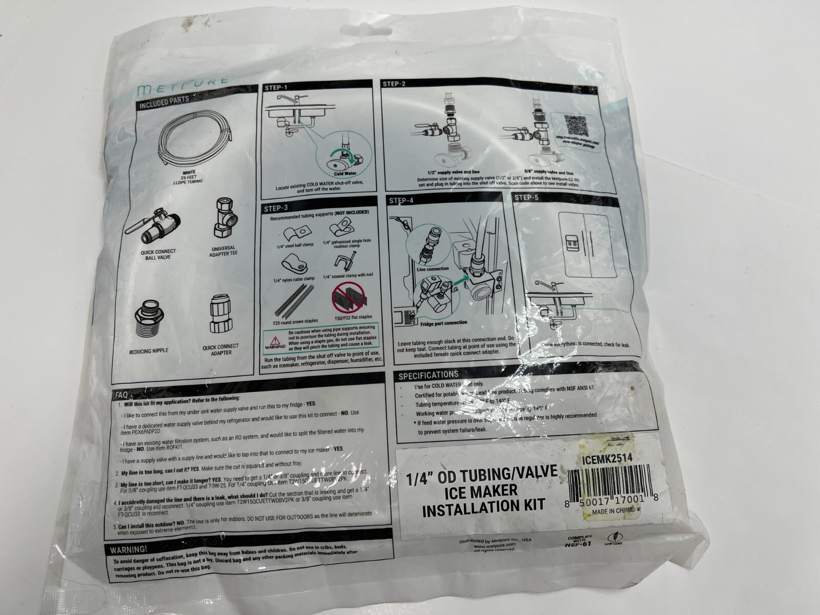 Metpure 25ft Ice Maker Fridge 1/4 Valve & Supply Line Fitting ICEMK2514 for 1/2"