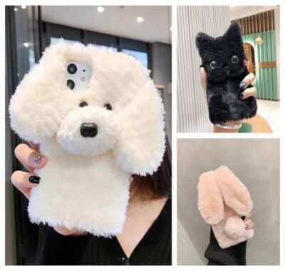 Cute Fur Cat Dog Animal Furry Fluffy Plush Case For iPhone 8 13 12 14 15 Pro Max