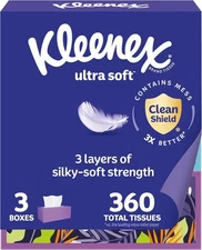 Kleenex Ultra Soft Facial Tissues 3 Boxes – 360 Total 3-Ply Tissues