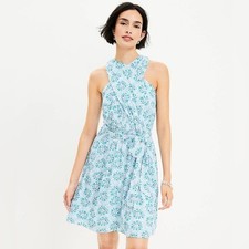 NEW LOFT Petite Bloom Crossover Halter Dress 14 Blue Floral Sleeveless NWT