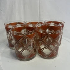 Five (5) Vintage Cora Red Geometric Squares / Trellis Patterned Glasses