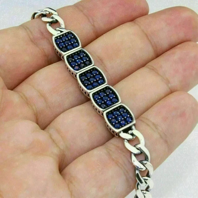 Brazalete redondo de zafiro azul creado en laboratorio de 6 quilates para hombre chapado en oro blanco de 14 quilates plateado Foto 4 de 4