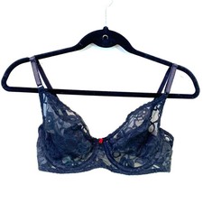 VTG Black Lace Union Made Sheer Carnival 34C Wire Bra Red Bow Detail