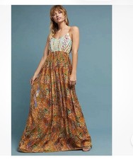 Raga Womens Embroidered Maxi Tank Dress Sz Small Gold Multicolor Viscose