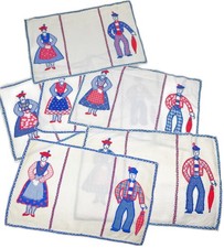 6 Placemats Vtg Linen Applique Embroidery Man Woman Boho 18&rdquo;x 11.5&rdquo;