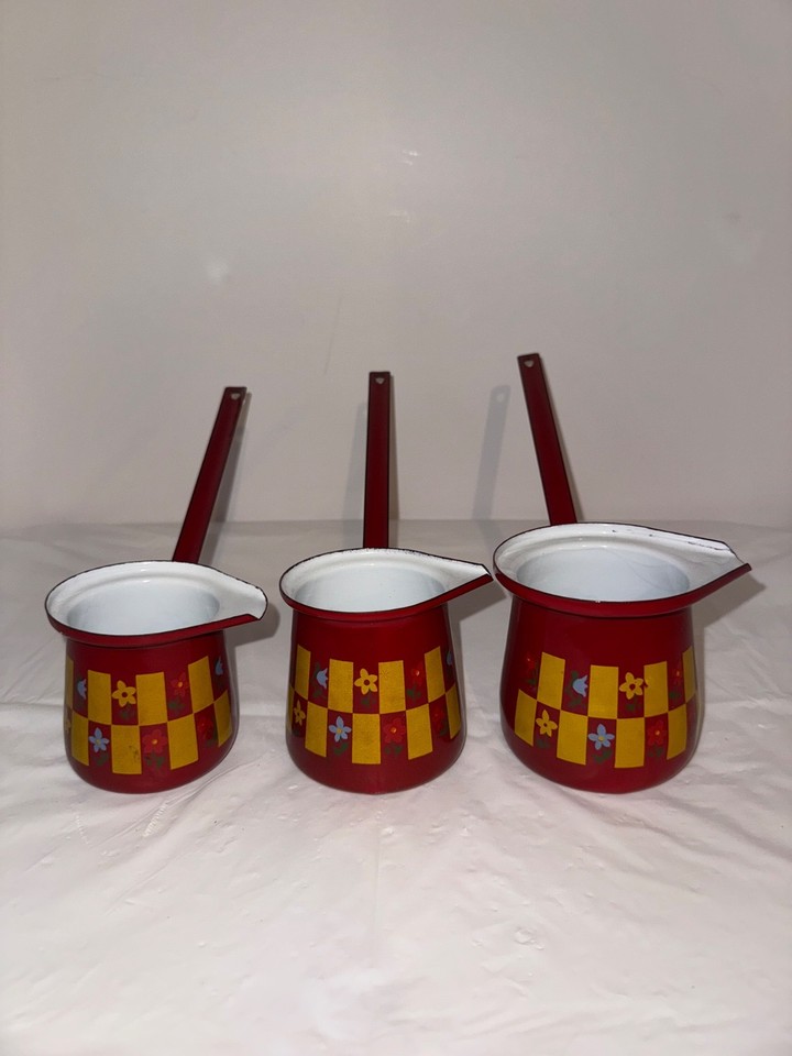VTG Set of 3 Red Dippers Block Flower Design Kitchen Gadget Metal Enamelware