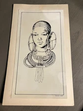 Vintage Masai Girl Pen Ink Drawing Nairobi Kenya Tribal Art Souvenir Card Stock