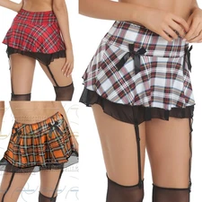 Womens Sexy Role Play Pleated Mini Skirt with Garters Schoolgirl Ruffle Lingerie