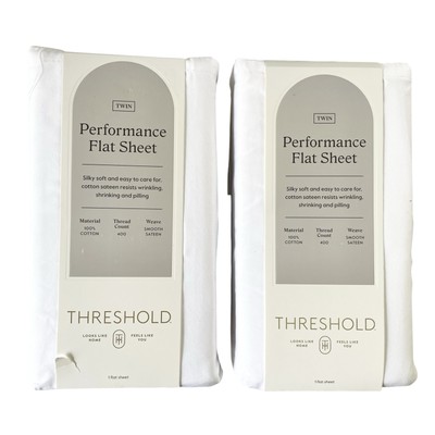 2pk Threshold Performance 100% Cotton Sateen TWIN FLAT Sheet White 400 TC NEW