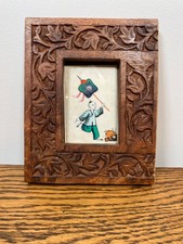 ANTIQUE 19TH C ORIENTAL SILK WORK PAINTING PICTURE IN CARVED WOODEN  FRAME