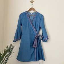 Stellah Chambray Ribbon Trim Bell Sleeve Wrap Dress Small Summer Classic