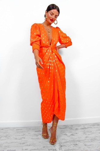 Orange Gold Foil Midi Wrap Dress - Picture 3 of 7
