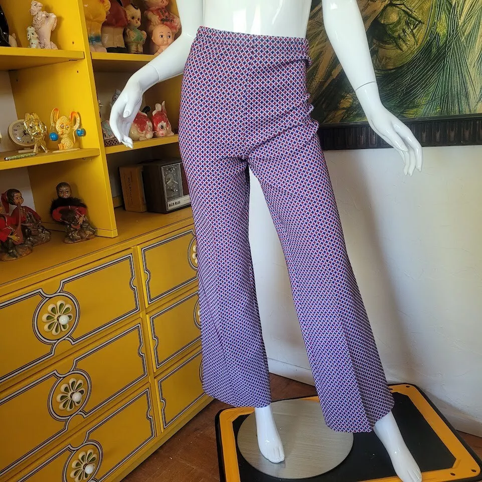 Vintage 70s MOD RWB Wide Bellbottom High Waisted Disco Pants Knit Jeans M/L