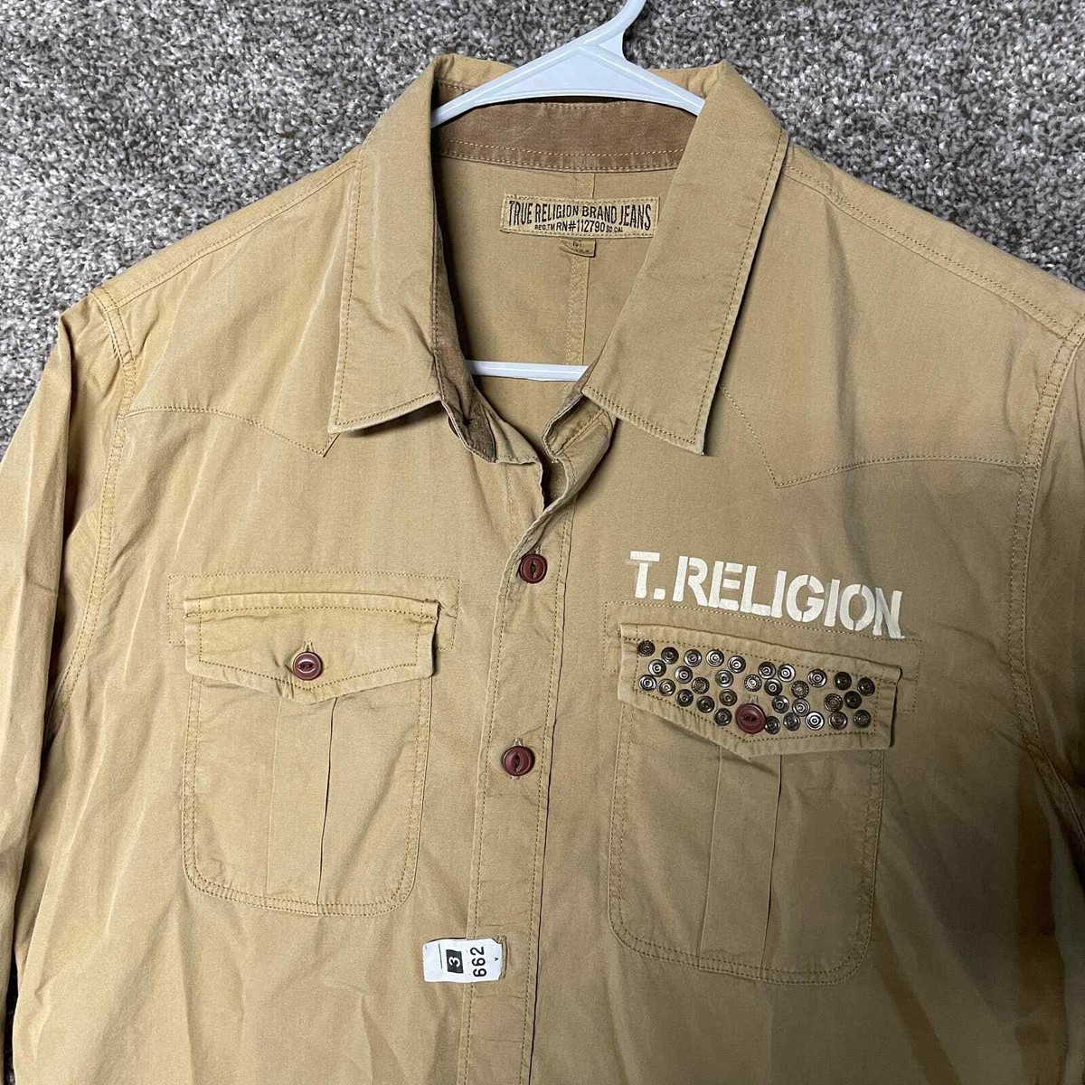 ｍ True Religion Shirt Mens Medium Western Utility Button Khaki
