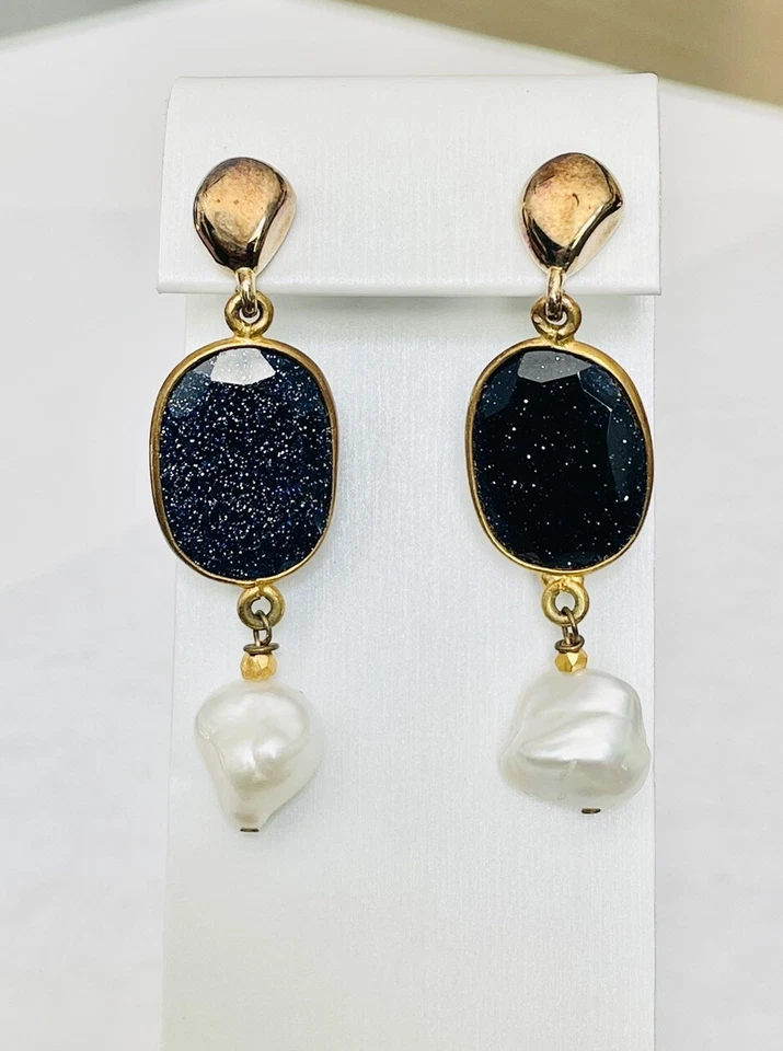 Blue Goldstone Druzy Dangle Earrings w/ Large Baroque Freshwater Pearls - Image 3 of 4