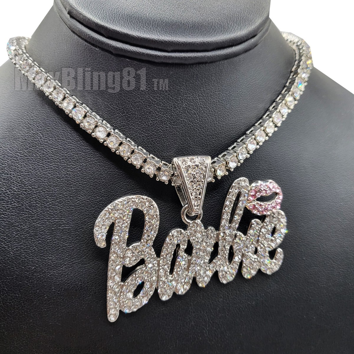 Women Large Barbie Pendant & Iced 1 Row Cubic Zirconia
