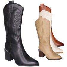 Image of Cowboy Western Boots Mid Calf Ladies Shoes Zip Heel Faux Leather Pointy Womens