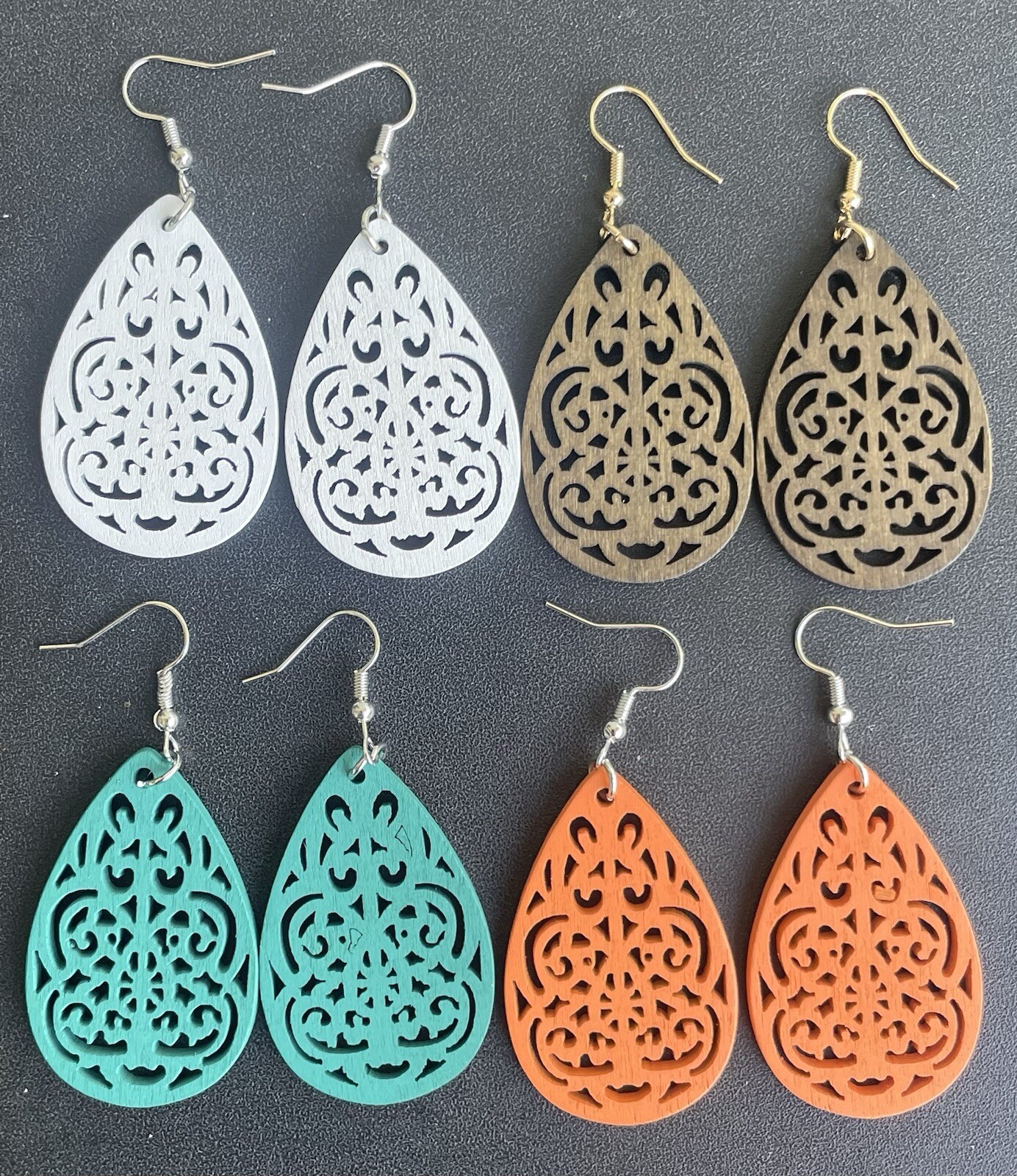 4 Pairs Wood Teardrop Filigree Cut Out Dangle Drop Earrings Boho Lot As Shown