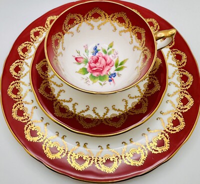 Vintage Aynsley Cup, Saucer & Plate Pink Rose Red Gold Gilt Trio England Teacup