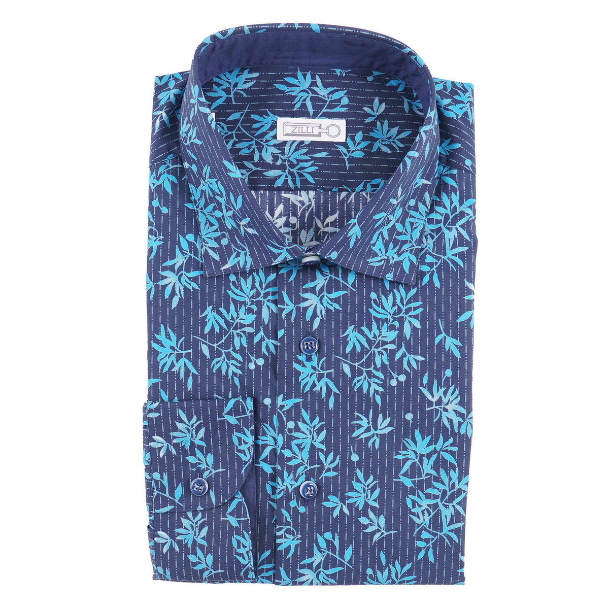 Zilli Slim-Fit Navy Blue and Turquoise Floral Print Shirt 18 (Eu 