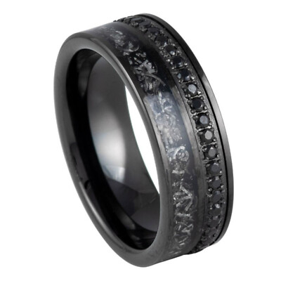 1163 Tungsten   8mm Black IP Plated with Black CZ Eternity & Titanium Shavings