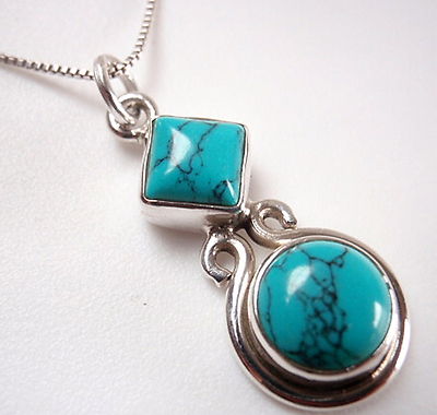 Blue Turquoise Round and Square 925 Sterling Silver Necklace