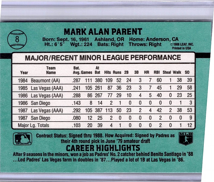 1988 Donruss The Rookies - Mark Parent #8 (RC) - Image 2 of 2