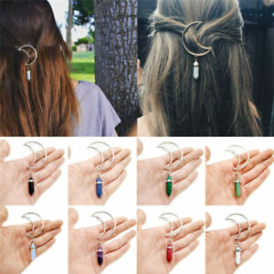 Women Vintage Alloy Moon Hair Clip Natural Stone Pendant Charms Clamp HairpO*ca