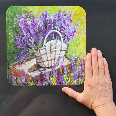 Flowers Painting Landscape Lavender Original Art Floral Field Brekfast Basket