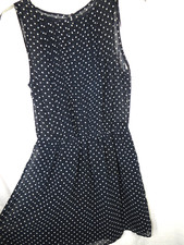 Zara Trafaluc Navy White Polka Dot Pleat Front Sleeveless Dress Size Small