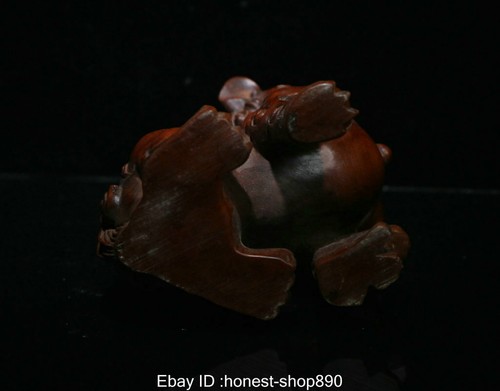 Chinese Folk Fengshui Boxwood Wood Carved Lucky Foo Fu Dog Guardion Lion Statue - Picture 11 of 11