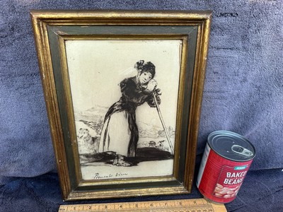 Sehr seltener alter gerahmter Druck auf Holz Goya Piensalo Bien 200+ Jahre alte Zeichnung