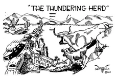 Postcard The Thundering Herd Western Trails Bull and Traffic Cars Comics 1946