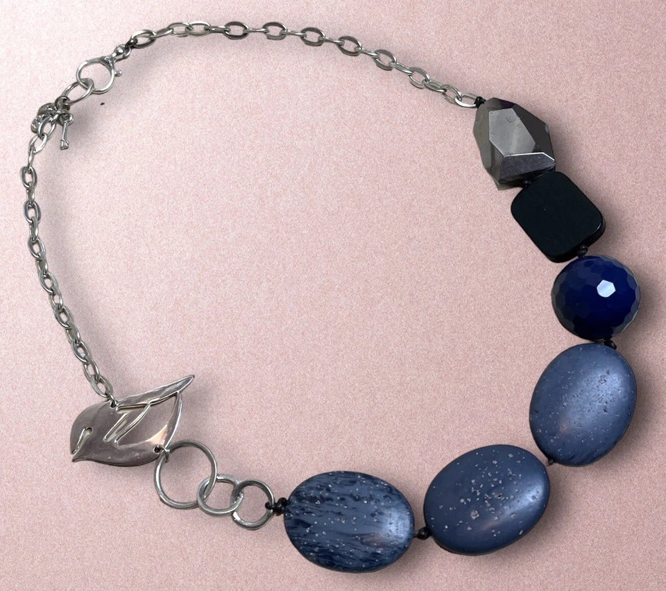 化石 Y2K 鸟项链钥匙人造拉皮斯蓝色厚银色链复古 — 第 3/4 张图片