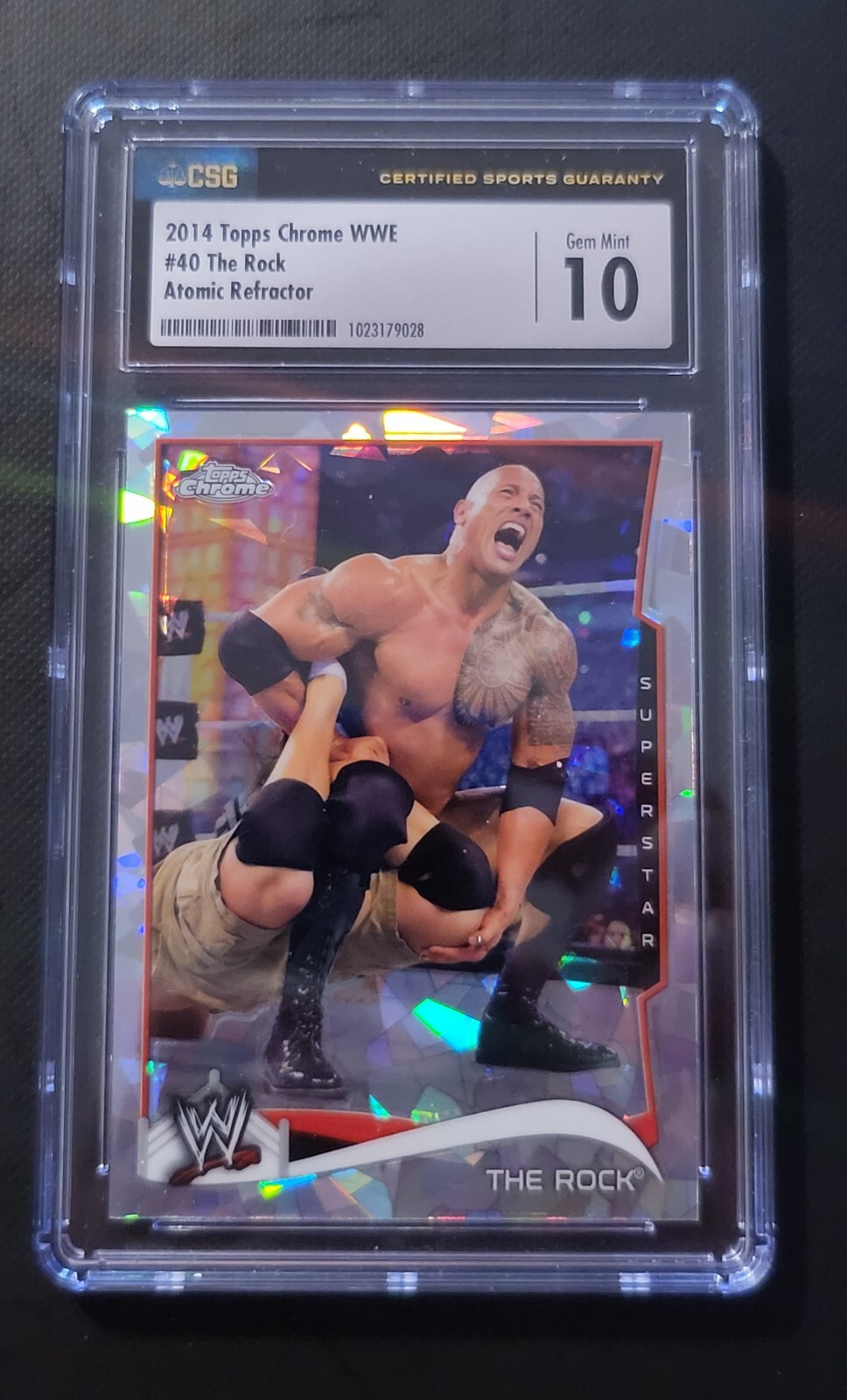The Rock 2014 WWE Topps Chrome Atomic Refractor CSG Gem Mint 10 Wrestling Slab