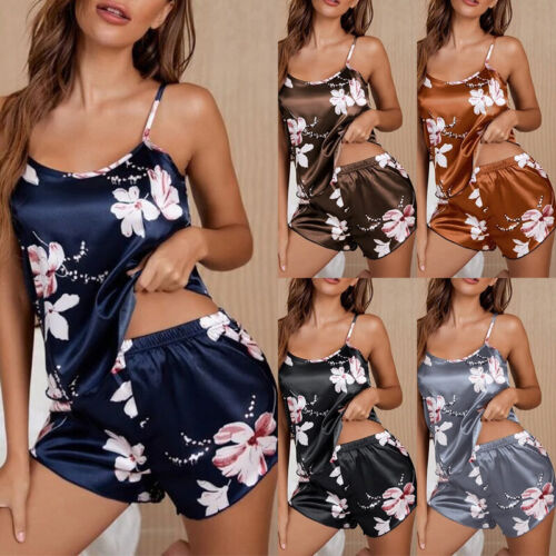 Damen Satin Pyjama Set Sling Top Shorts Hautfreundlich Print Nachtwäsche Seide - Bild 1 von 31