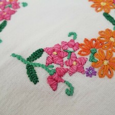 Vintage Hand Embroidered Lace Edge Linen Dresser Scarf Colorful Corners Floral