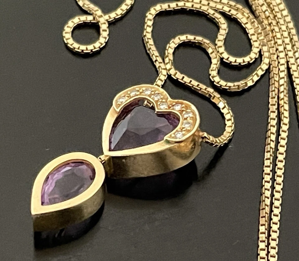 14K 纯金心形泪珠紫水晶钻石 25 英寸盒装项链 10.2 克 — 第 2/4 张图片