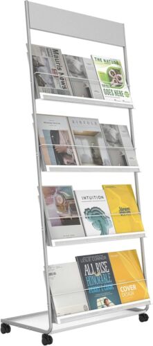 New- Floor-Standing Magazine Rack 4-Layer with Wheels, Brochure Display St