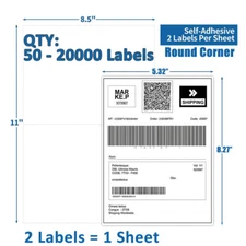 8.5"x5.5" Half Sheet Shipping Mailing Labels Round Corner Adhesive 2 per Sheet
