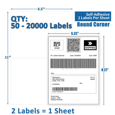 8.5''x5.5'' Half Sheet Shipping Mailing Labels Round Corner Adhesive 2 per Sheet