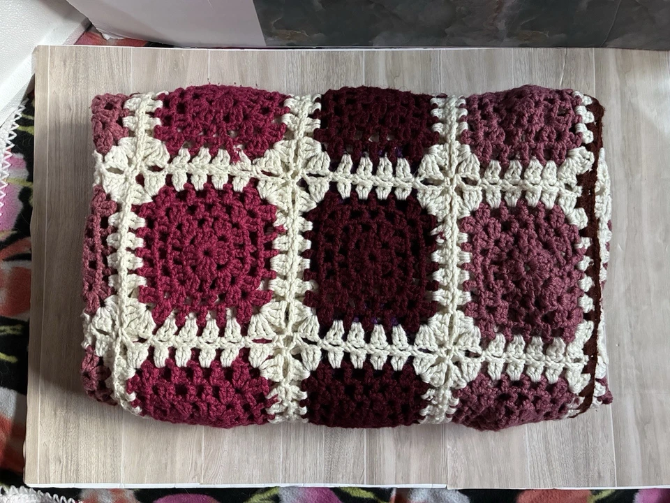 手工针织扔 86 X45 勃艮第/栗色/粉色/紫色面霜 手工制作 复古 — 第 2/4 张图片