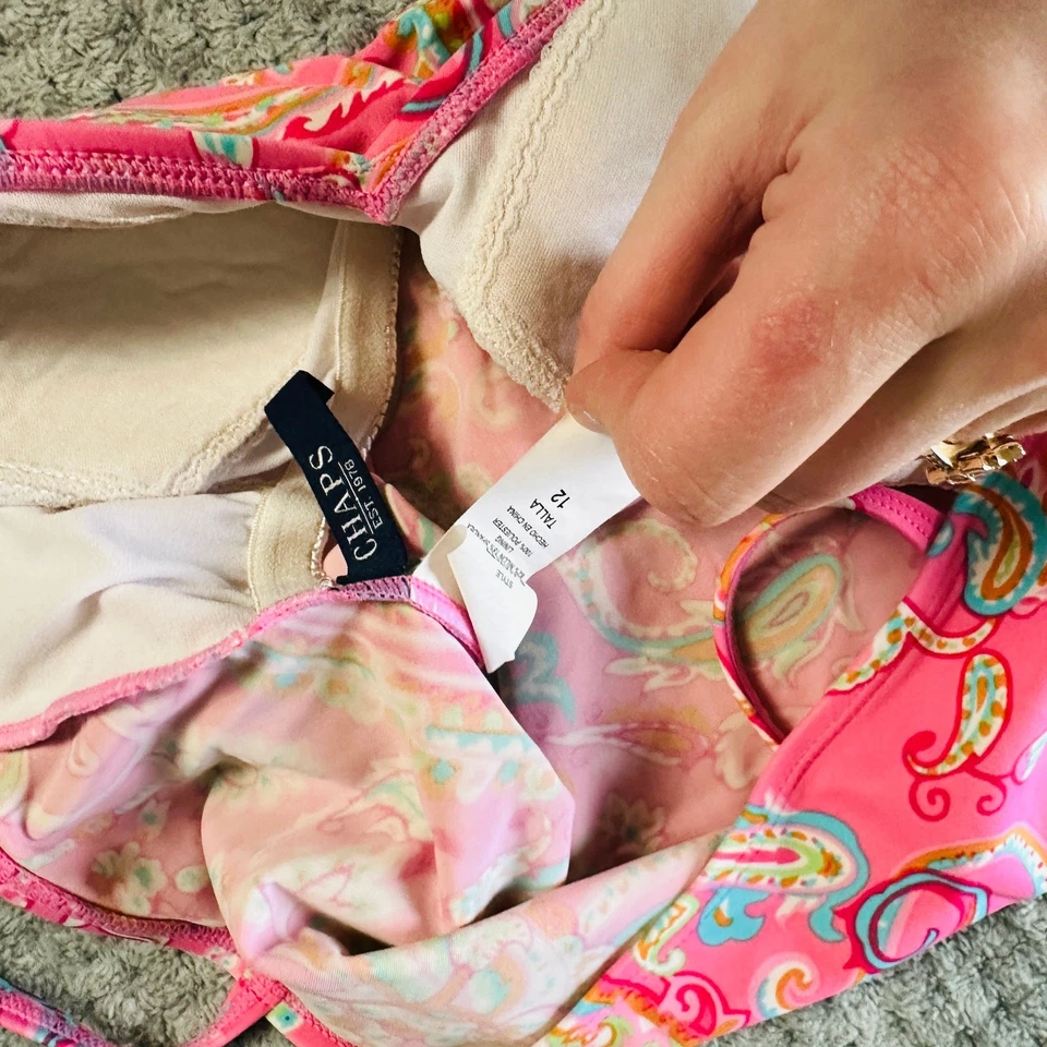 Vintage Retro Y2k Rosa Paisley Babydoll Tankini Top Chaps 12 Amarillo/Verde Foto 3 de 4