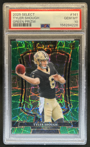 2025 Panini Select Tyler Shough Premier Level Green Prizm RC #/5 Saints PSA 10