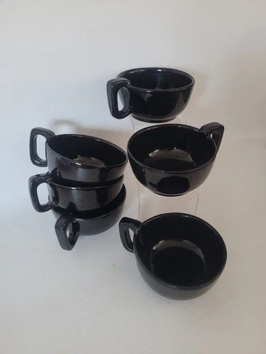 6 Vtg Frankoma Pottery 45C Latte Cup Soup Bowl Chili Mug Black Glaze D Handle