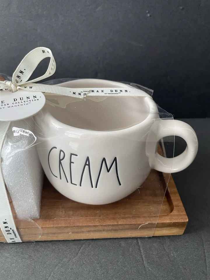 New Rae Dunn Sugar & Cream Set Wood Tray Holder Sugar W/Wood Lid Farmhouse Gift! - Image 3 of 4