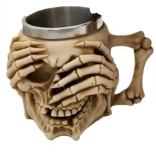 Gothic Skull Coffee Mug – Hand-Painted Resin Base, Halloween Barware with Steel