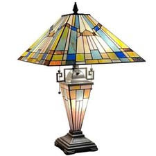 Tiffany Mission Style Table Lamp Multicolor Stained Glass brass 24" H peacock