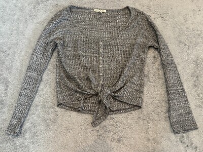 Express One Eleven Cardigan Sweater Womens XS Gray Tie Front Crop Buttons